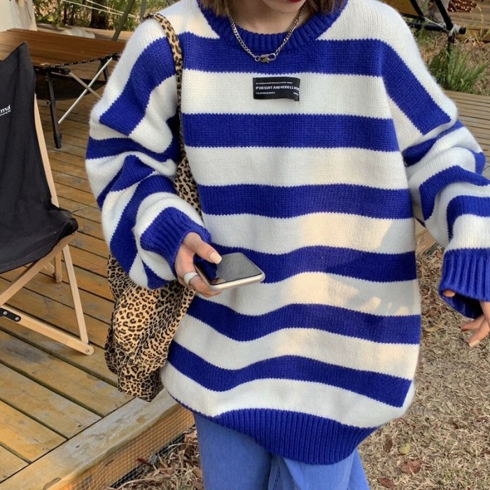 New Autumn Winter Harajuku Sweaters Vintage O Neck Long Sleeve Thick Knit Pullover Oversize Striped Sweater