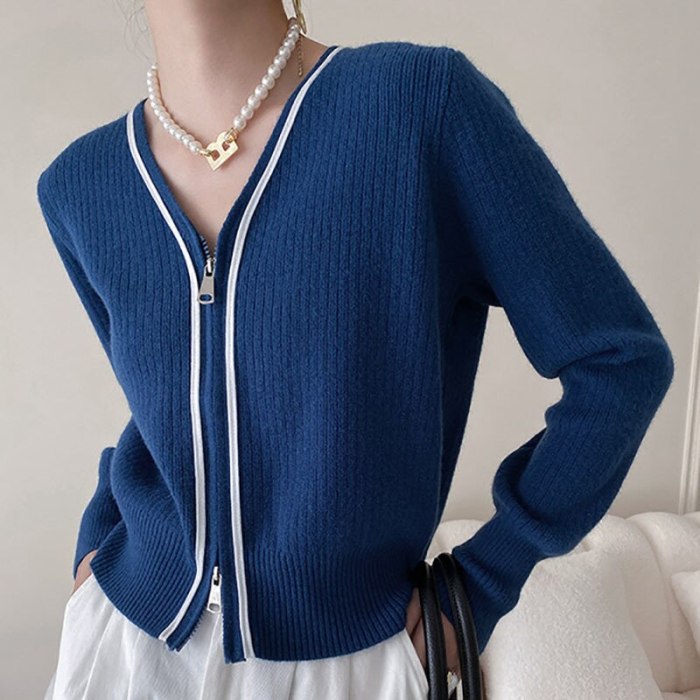 Simple Solid Color Knitted Cardigan Women Autumn 2021 New V-neck Loose Two-way Zipper Long Sleeve Sweater Coat 5E3328