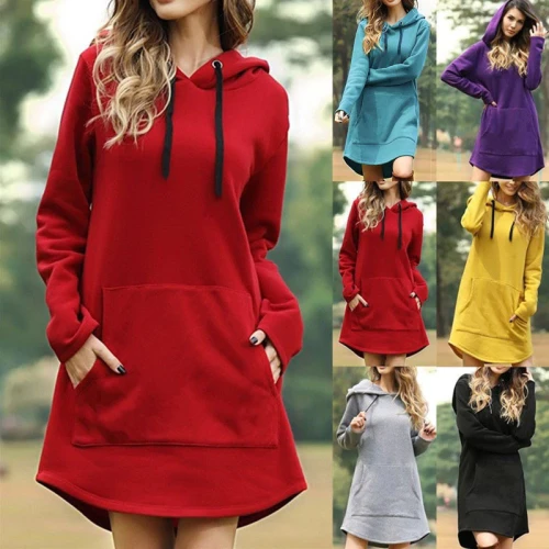 Spring Autumn Solid Women's Sweatshirt Dress 2020 Fashion Loose Hooded Pocket Drawstring Ladies Dress Vestidos Plus Size