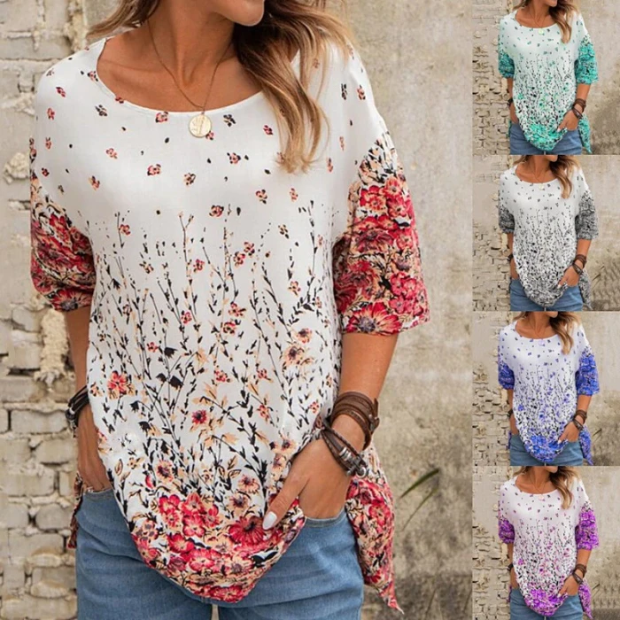 Summer Casual Tee Short Sleeve Women T-Shirts Flower Print Tops Plus Size Top Pullover Female Round Neck Loose T-Shirt