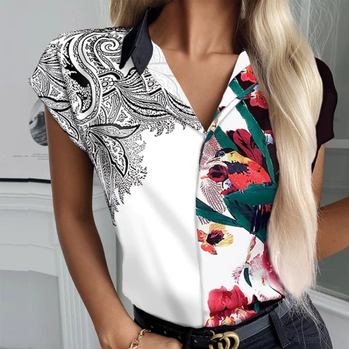 Sexy V-Neck Women Casual Blouse Top Vintage Patchwork Printing Short Sleeve Ladies Button Shirts Elegant Summer Femme Tops Blusa