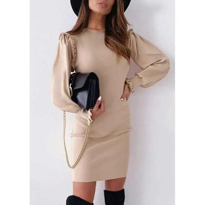 New Autumn/Winter Women Round Neck Casual Solid Vintage Butterfly Long Sleeve Short Dress Sexy Fashion 2021 Party Elegant Dress