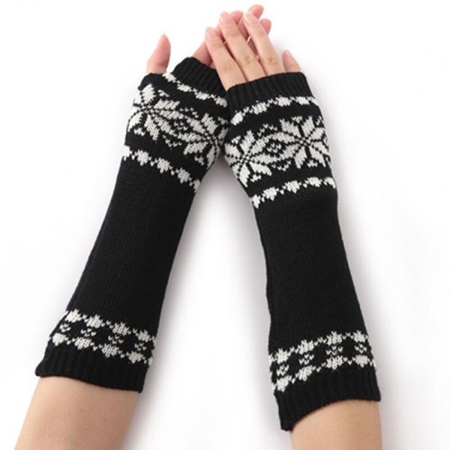 Winter Women Long Warm Sleeves Mittens Female Snowflake Acrylic Stretch Knit Half Finger Fingerless Arm Warmers Gloves C75