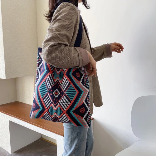 Large Capacity Gypsy Bohemian Chic Tote Bag Lady Knitting Handbag 2021 Female Daily Shopping Bag Casual Crochet Soft Shopper Bag