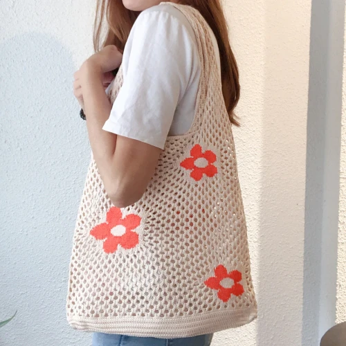 INS Korean Kim Hyuna Flower Designer Simple Knitting Hollow Out Shoulder Beach Bag Casual Laziness-Style Handbag For Women
