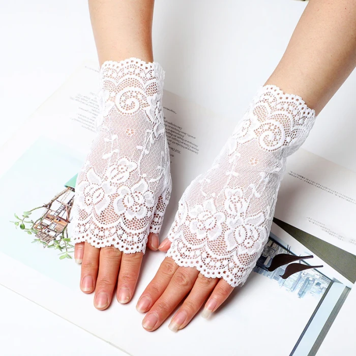 Fashion Sexy Summer Female Half Finger Sunscreen Short Lace Gloves Women Driving Rose Flower Pattern Fingerless Sun Gloves