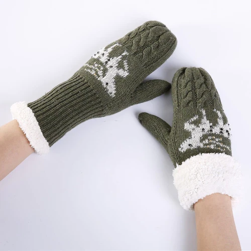 2021 New Couple Gloves Autumn Winter Warm Plus Velvet Thickening Knitting Wool Glove Christmas Deer Rhinestone Gloves For Women