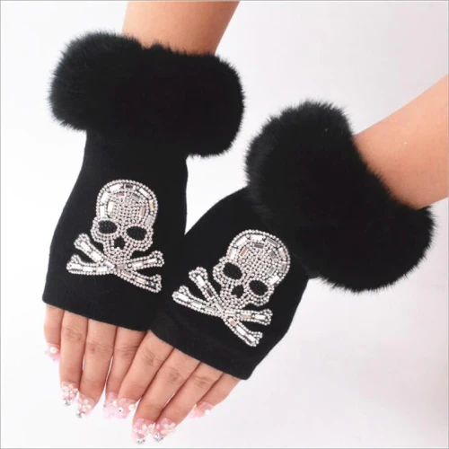 Women Cartoon Animals Fox Fingerless Dance Gloves Winter Warm Short Plush Diamonds Sequins Skull Fingerless Knitted Gloves G102