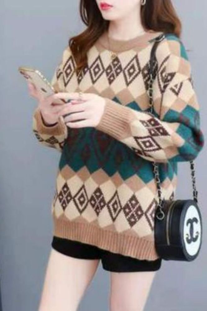 Retro Autumn And Winter 2021 Sweater Women'S Jacket Korean Version Of The Diamond Lattice Lazy Knit Top Loose Bottom Sweater