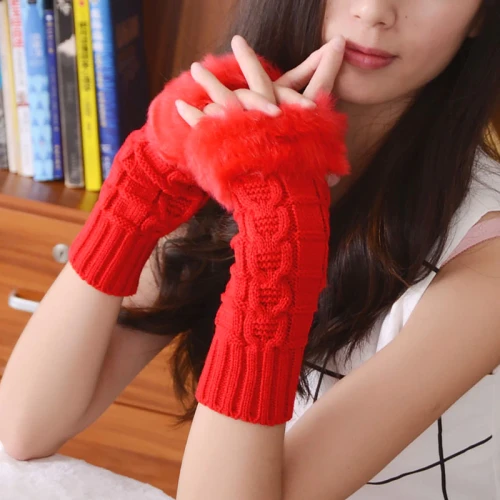 Fashion Winter Women Gloves Plush Faux Fur Knitting Wool Keep Warm Mitten Fingerless Lady Girl Half Finger Gloves Christmas Gift