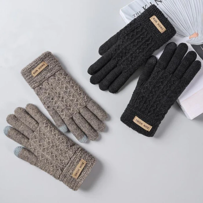 Unisex Winter Wool Knit Double Layer Thicken Elastic Nonslip Cycling Mittens Men Touch Screen Warm Full Finger Driving Glove H96