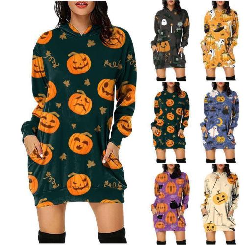2021 New Halloween Cartoon Pumpkin Printed Dress Women Hooded Dress Autumn Long Sleeve Pockets Loose Mini Dress Lady Vestidos