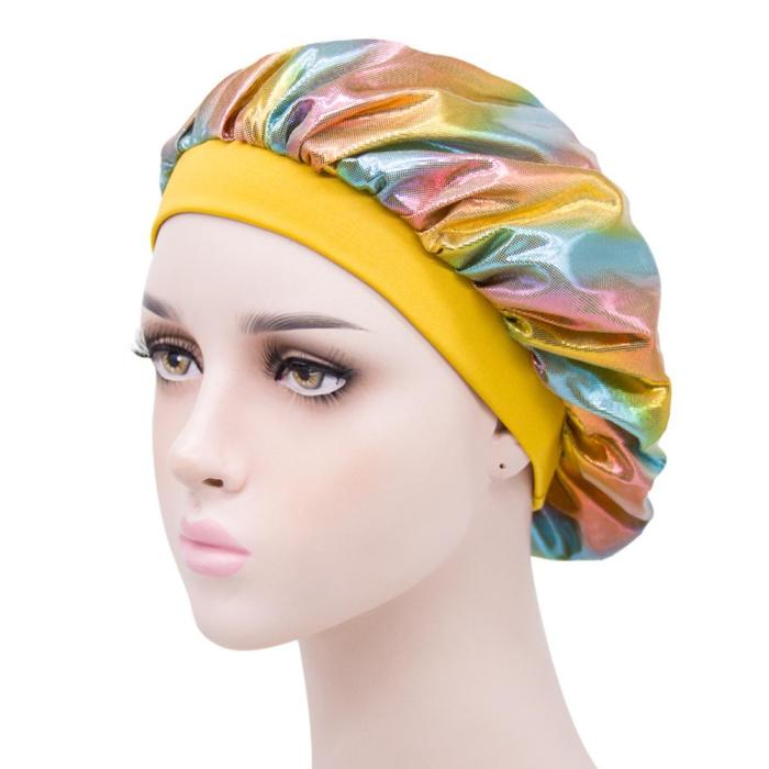 Women Wide-brimmed Colorful Laser Sleeping Hat Night Sleep Cap Hair Care Bonnet Men Unisex Cap bonnet Shower Cap Silk Head Wrap