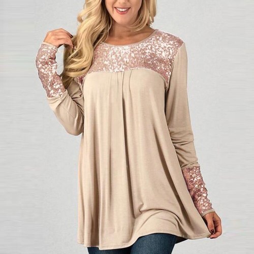 40#Sequins T-Shirts Womens Tops Patchwork Long Sleeve O-Neck Elegant Casual Pullover Spring Shirt Tshirts Vintage Clothes Tunic