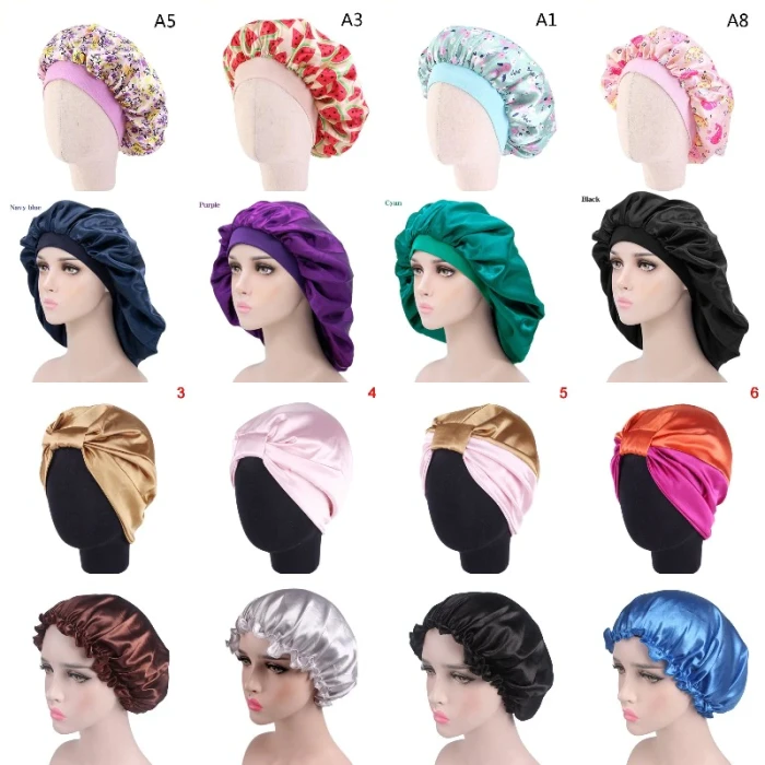 Women Night Sleep Hat Adjust Satin Bonnet Hair Styling Cap Long Hair Care 29 Styles Silk Head Wrap Shower Cap Hair Styling Tools