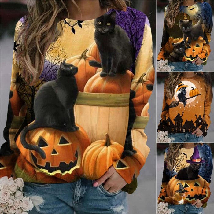 2021 Autumn New European and American Women's Long Sleeve Sweater Casual Blouse For Ladies Animal Cat Print Top Street Fashion