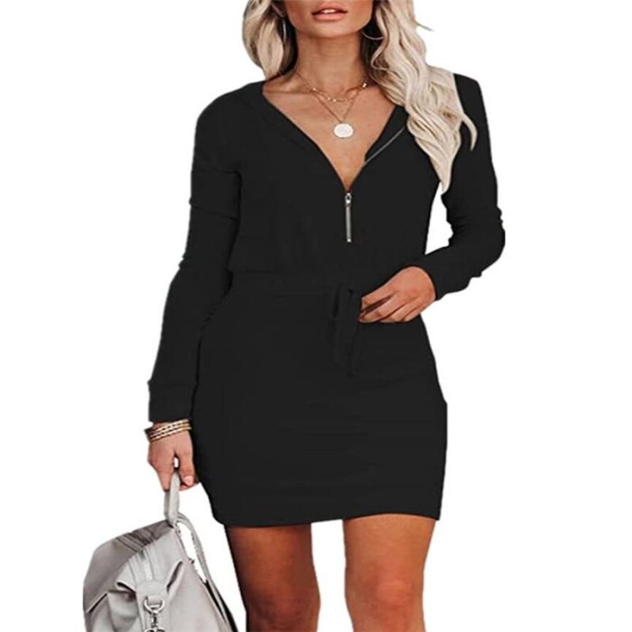 New 2021 Autumn Winter Women's Solid Color V neck Long Sleeve Zipper Hooded Tunic Dress Casual Elegant Sexy Fashion Tshirt OL Dr