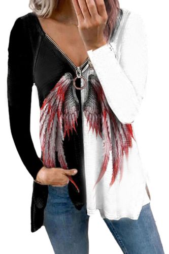 Women Blouse Gothic Wing Print Long Sleeve Zipper V-Neck Shirt Autumn Plus Size Casual Elegant Loose Basic Tee Top рубашка