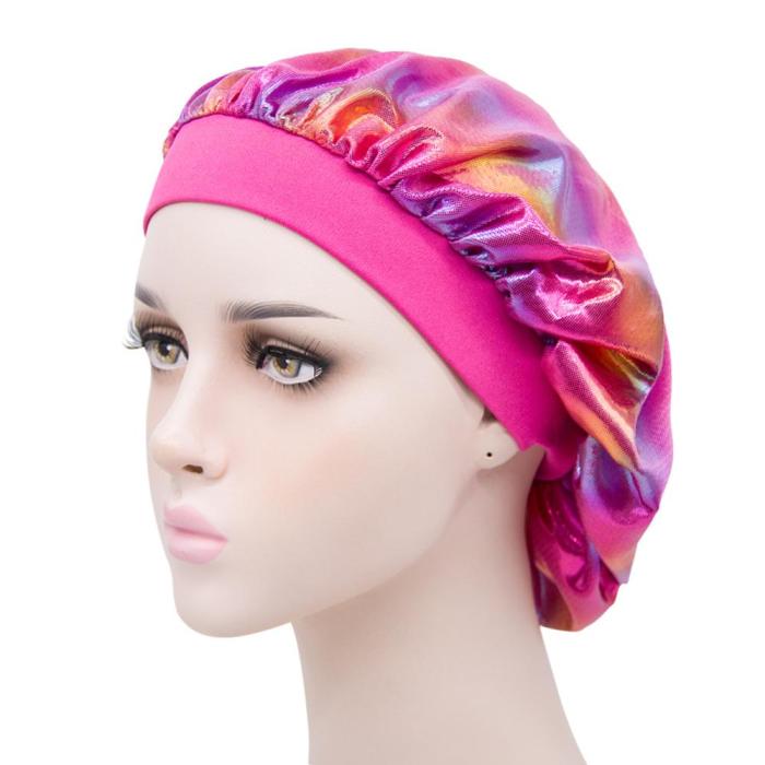 Women Wide-brimmed Colorful Laser Sleeping Hat Night Sleep Cap Hair Care Bonnet Men Unisex Cap bonnet Shower Cap Silk Head Wrap