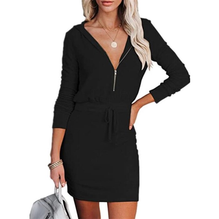 New 2021 Autumn Winter Women's Solid Color V neck Long Sleeve Zipper Hooded Tunic Dress Casual Elegant Sexy Fashion Tshirt OL Dr