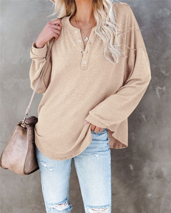 Woman's Top Spring Autumn Solid Color Button V-Neck T-Shirts Long Sleeve T Shirts Women's Clothing 2021 Casual Loose Y2K Tops