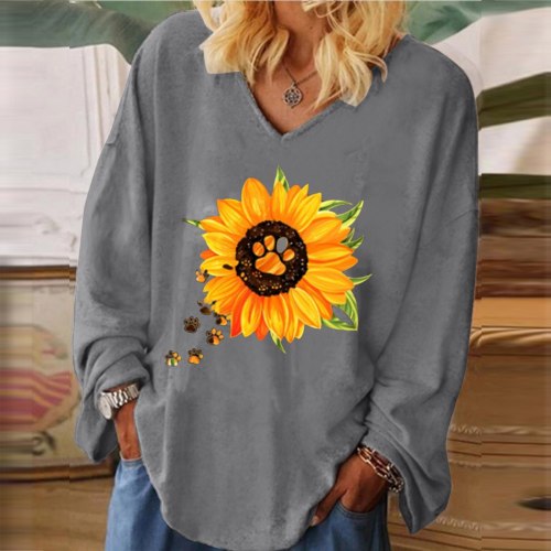 T Shirt Women Sunflower Print Autumn Clothing T-shirt Vintage Harajuku Casual V-neck Long Sleeve Loose Tshirts футболка