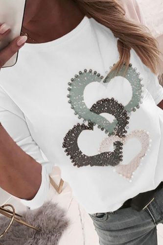 40#Women T-Shirts Heart Print Nail The Beads O-neck Long Sleeves Loose Tops Spring Harajuku Elegant Tshirts mujer camisetas