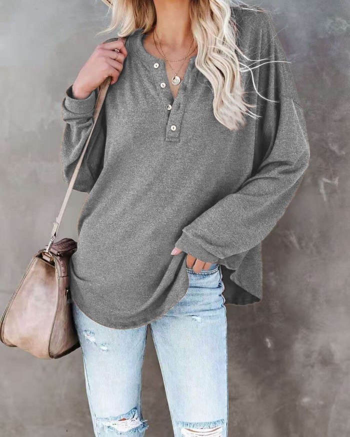 Woman's Top Spring Autumn Solid Color Button V-Neck T-Shirts Long Sleeve T Shirts Women's Clothing 2021 Casual Loose Y2K Tops