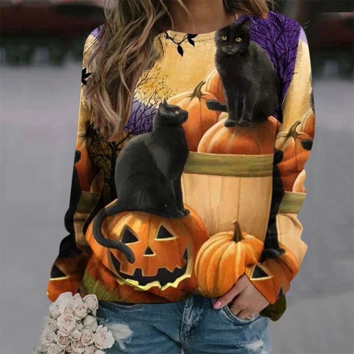 2021 Autumn New European and American Women's Long Sleeve Sweater Casual Blouse For Ladies Animal Cat Print Top Street Fashion