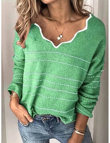 Winter Pink Knitted Sweater Women V-Neck Striped Color Block Sweater Pullovers Long Sleeve Ladies Knitwear Causal Pull Femme
