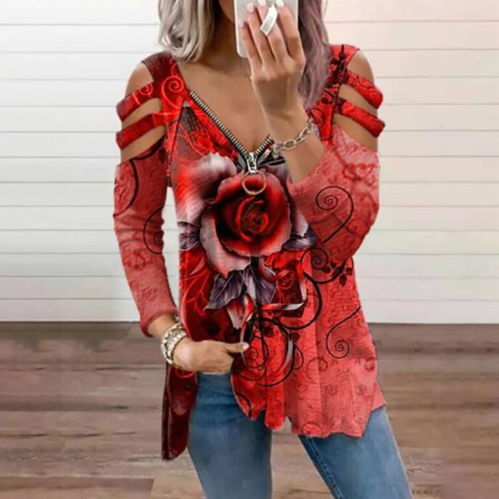Autumn Fashion Rose Printing Zipper V Neck Hollow Shoulder T-shirts Sexy Women Long Sleeve Top Shirt Casual Female Daily Wear