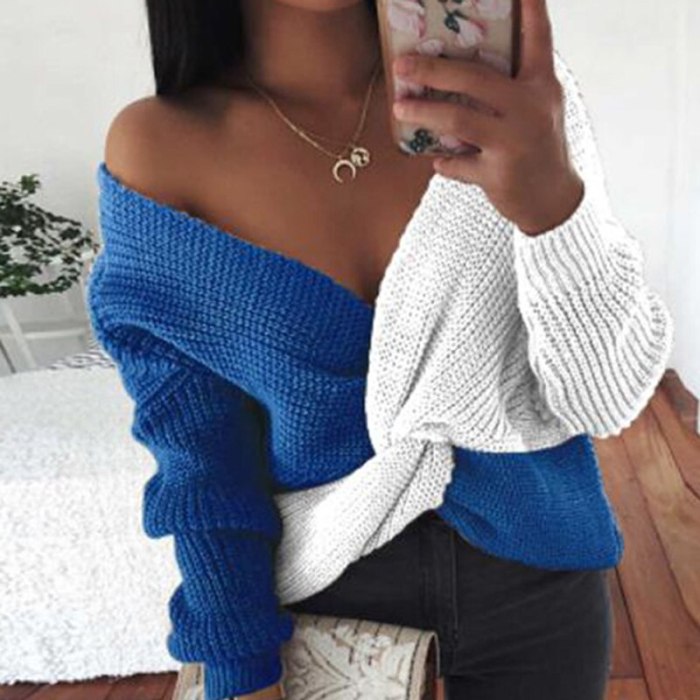 Spring Off Shoulder V-neck Knit Sweater Women Elegant Twist Pleated Irregular Top Pullover Autumn Long Sleeve Patchwork Sweaters