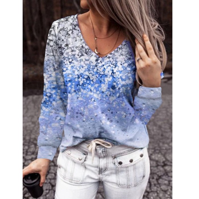 New V Neck Printed Plus Size Long Sleeve T Shirts Women Autumn Casual Loose Vintage Fashion Shirt Clothes Oversize Y2K 2021 Tops