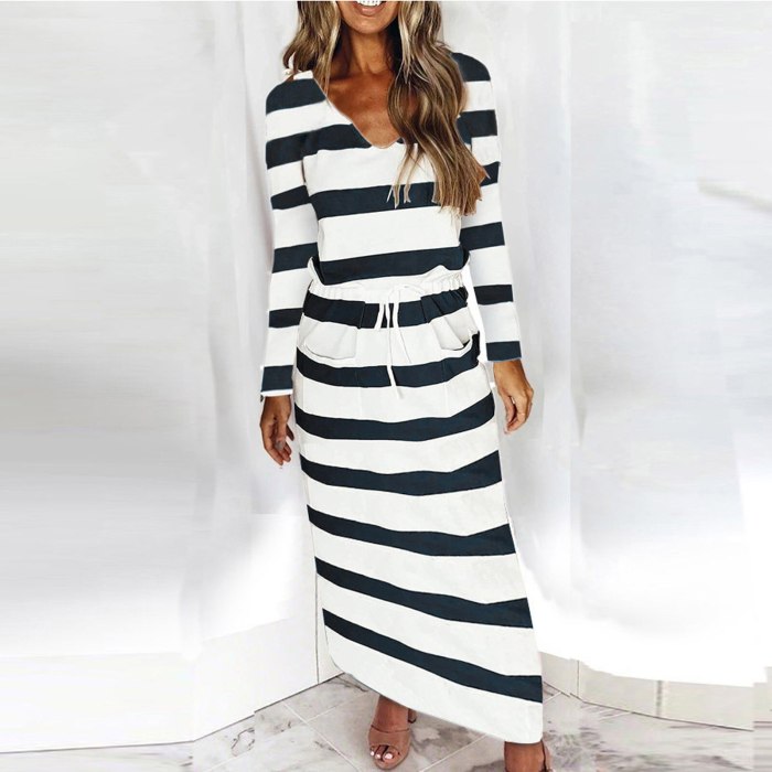 Long Dress Women's V-neck Loose Striped Print Long Sleeve Pockets Casual Maxi Dress Plus Size Elegant Women's Party Dresses