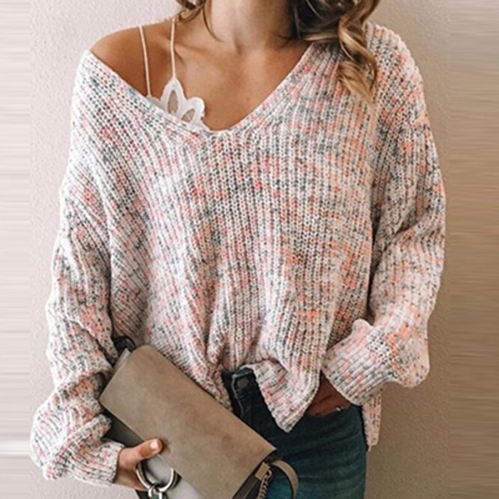 Spring Autumn V-Neck One Shoulder Sweater 2021 New Women Sexy Elegant Warm Sweater Casual Loose Long Sleeve Knitted Jumpers Tops