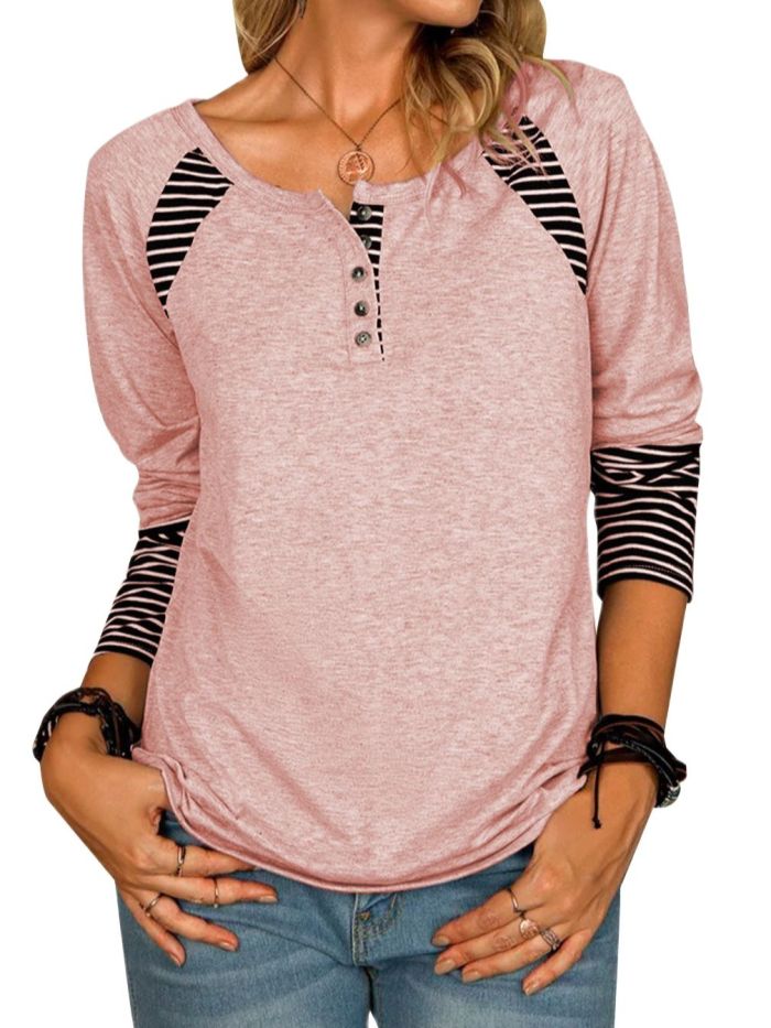 2021 Spring/Autumn Women Tee Loog Sleeve New Style Top Striped Single-Breasted T Shirt