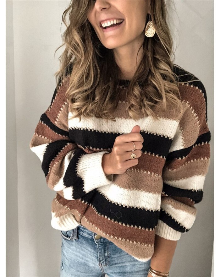 Striped Sweater Women Casual Drop-shoulder Color Block Knitted Sweaters Vintage Batwing Long Sleeve Female Pullover Tops