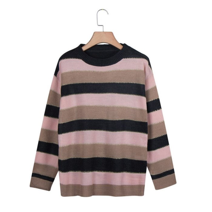Striped Sweater Women Casual Drop-shoulder Color Block Knitted Sweaters Vintage Batwing Long Sleeve Female Pullover Tops