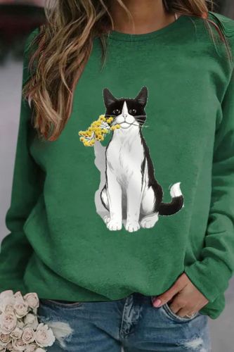 Kawaii Animal Cat Printed Blouse Women Clothing Casual Round Neck Long Sleeve Blouse Autumn Plus Size Shirts Tops Блузки