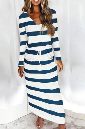 Women's V-neck Striped Print Long Sleeve Pockets Maxi Dress