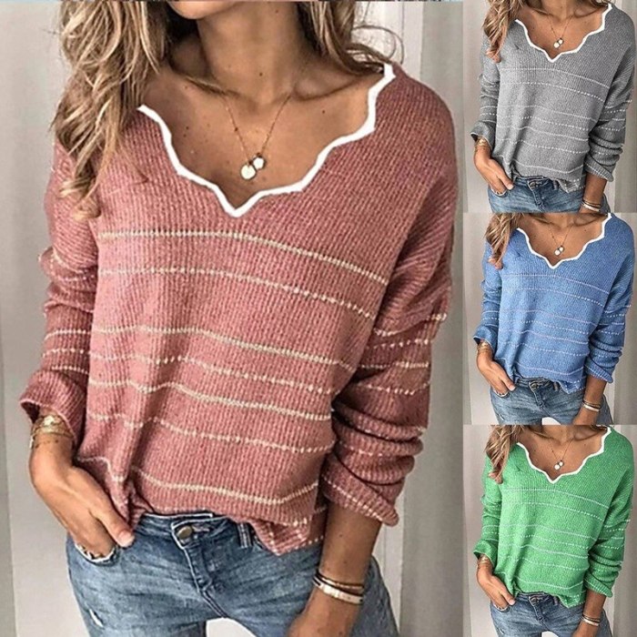 Winter Pink Knitted Sweater Women V-Neck Striped Color Block Sweater Pullovers Long Sleeve Ladies Knitwear Causal Pull Femme