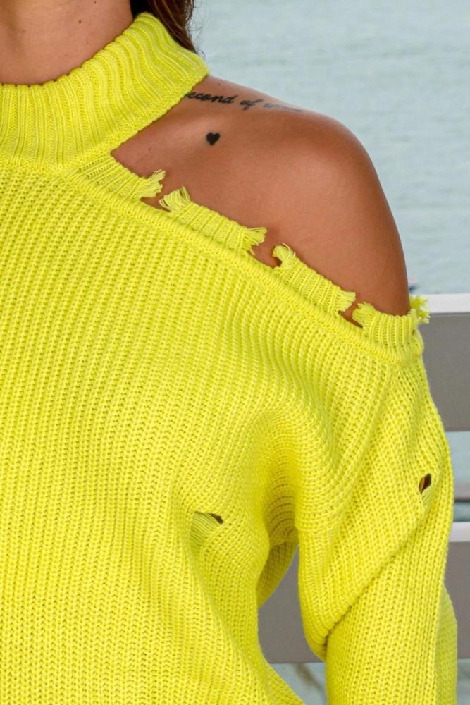 Woman Off Shoulder Sweaters Autumn Winter Solid Yellow Turtle Neck Sexy Hollow Out Female Loose Pullover Tops Street Wear