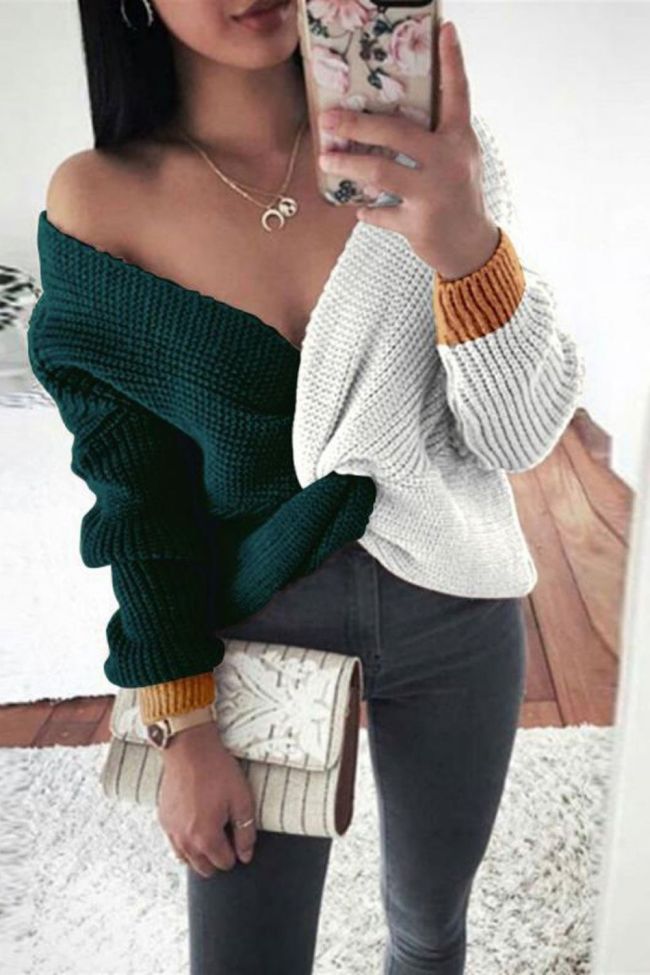 Spring Off Shoulder V-neck Knit Sweater Women Elegant Twist Pleated Irregular Top Pullover Autumn Long Sleeve Patchwork Sweaters