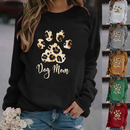 Women Casual Long Sleeve Cat Dog Footprint Cartoon Printing O-neck Fashion Tops Cute Pets Pattern T-shirts Master Necessary