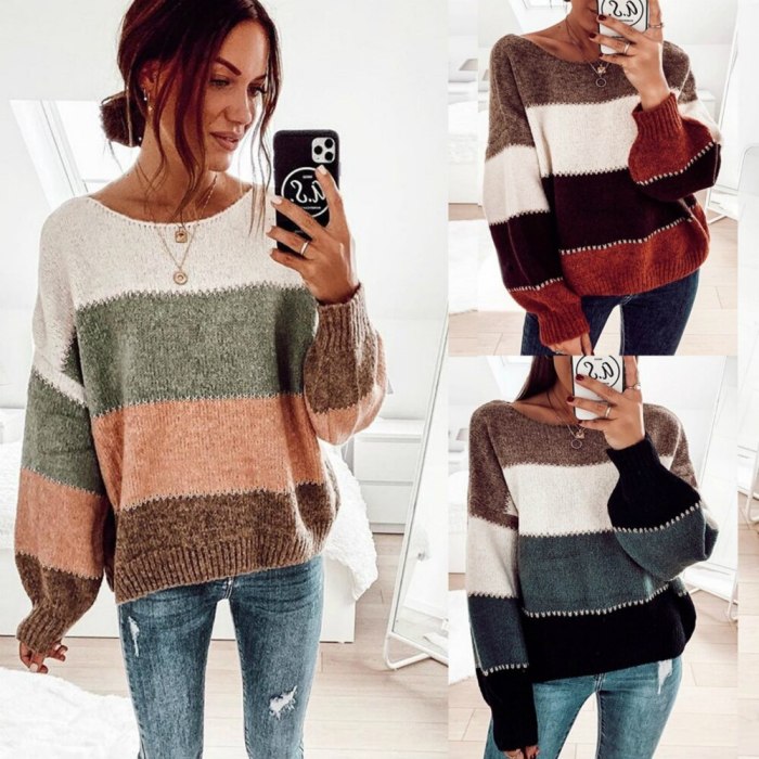 2021 Casual Pullovers Woman Sweaters Autumn Winter Fashion Flare Long Sleeve Patchwork O-Neck Clothes Knitted Sweater Women