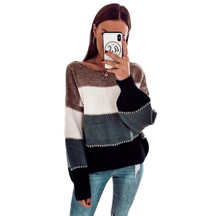 2021 Casual Pullovers Woman Sweaters Autumn Winter Fashion Flare Long Sleeve Patchwork O-Neck Clothes Knitted Sweater Women