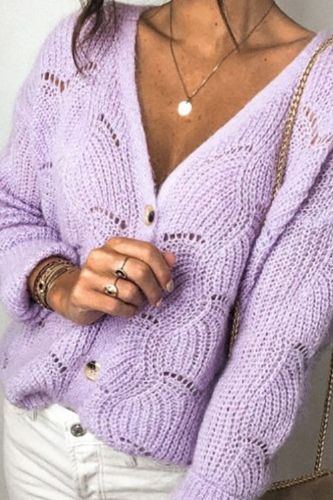 Cropped V-neck Hollow Knit Solid Color Loose Cardigan