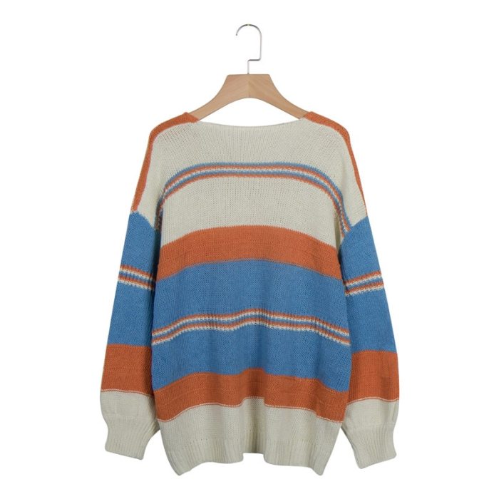 Striped Patchwork Vintage Jumper Knitwear Casual Slim V Neck Autumn Knitted Tops Sweater Pullover Women Clothes Pull
