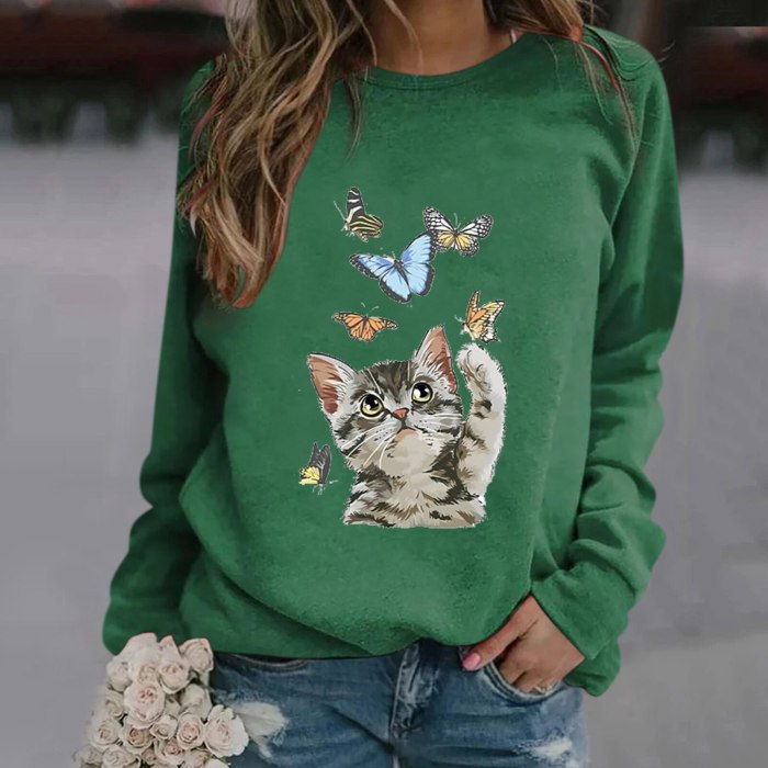 2021 New Cat Butterfly Print Long-sleeved Round Neck Pullover Sweatshirt Fashion Casual Ladies Harajuku  Streetwear