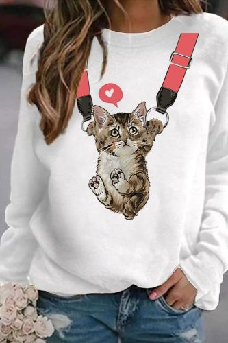 Spring and autumn models cat pattern printing fashion round neck top T-shirt women